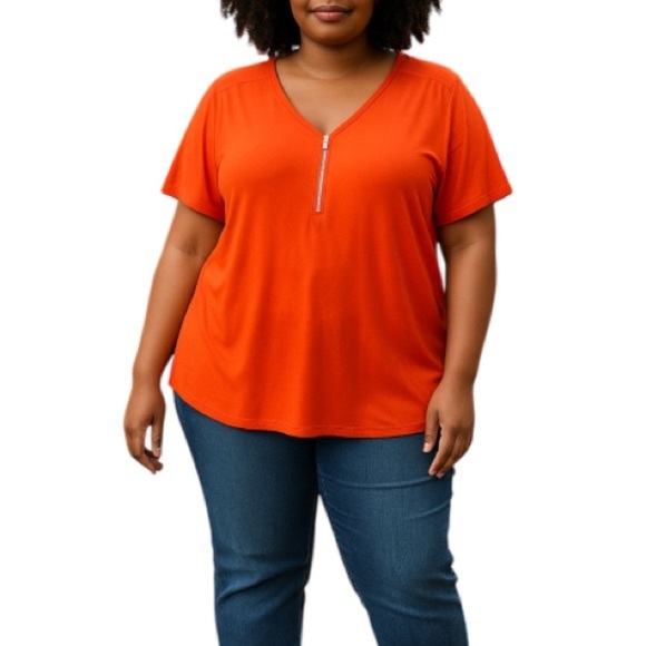 Lily Morgan NWT Flutter Sleeve Top Orange Zipper V-Neck Stretch Short Sleeves 2X - Picture 1 of 11